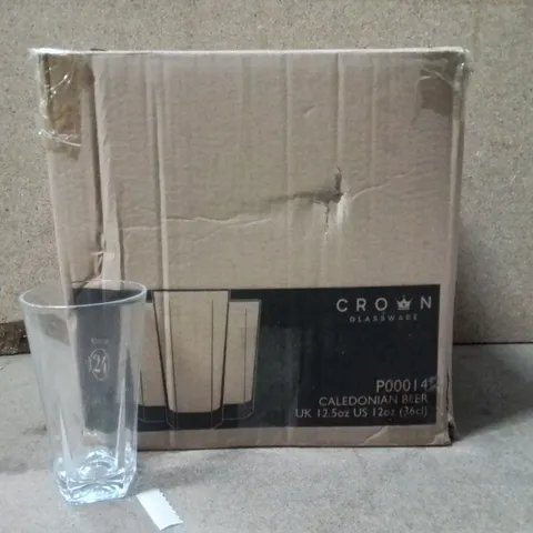 BOXED CROWN GLASSWARE CALEDONIAN BEER GLASSES APPROXIMATELY 24