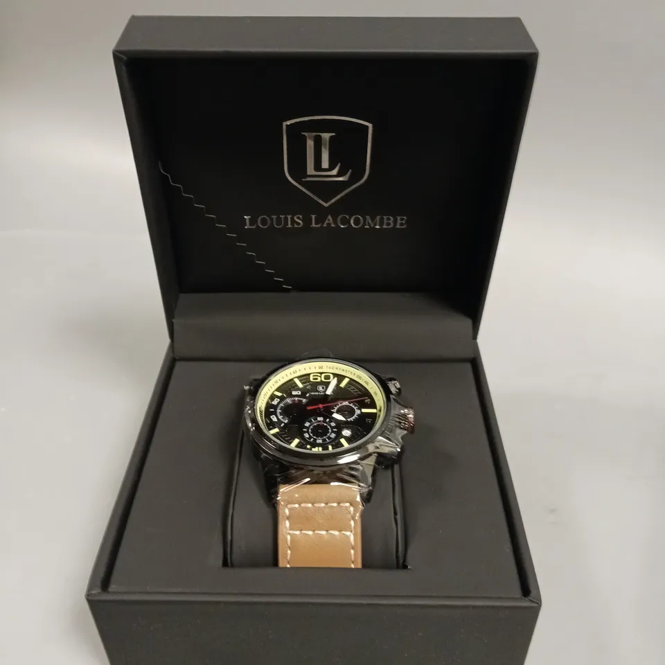 MENS LOUIS LACOMBE CHRONGRAPH WATCH – 3 SUB DIALS – BLACK CASE – LEATHER STRAP