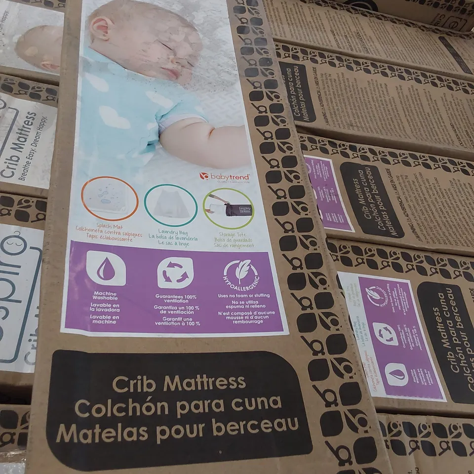 FIVE BOXED & ROLLED RESPIRO CRIB MATTRESS WITH SPLASH MAT, LAUNDRY BAG & STORAGE TOTE