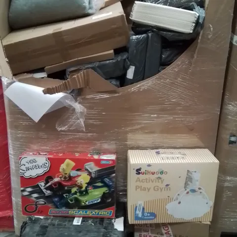 PALLET CONTAINING VARIOUS ASSORTED BOXED HOUSEHOLD ITEMS TO INCLUDE: SIMPSONS SCALEXTRIC SET, ACTIVITY PLAY GYM, HOLLYWOOD MAKEUP MIRROR AND LOTS MORE UNMARKED BOXED ITEMS