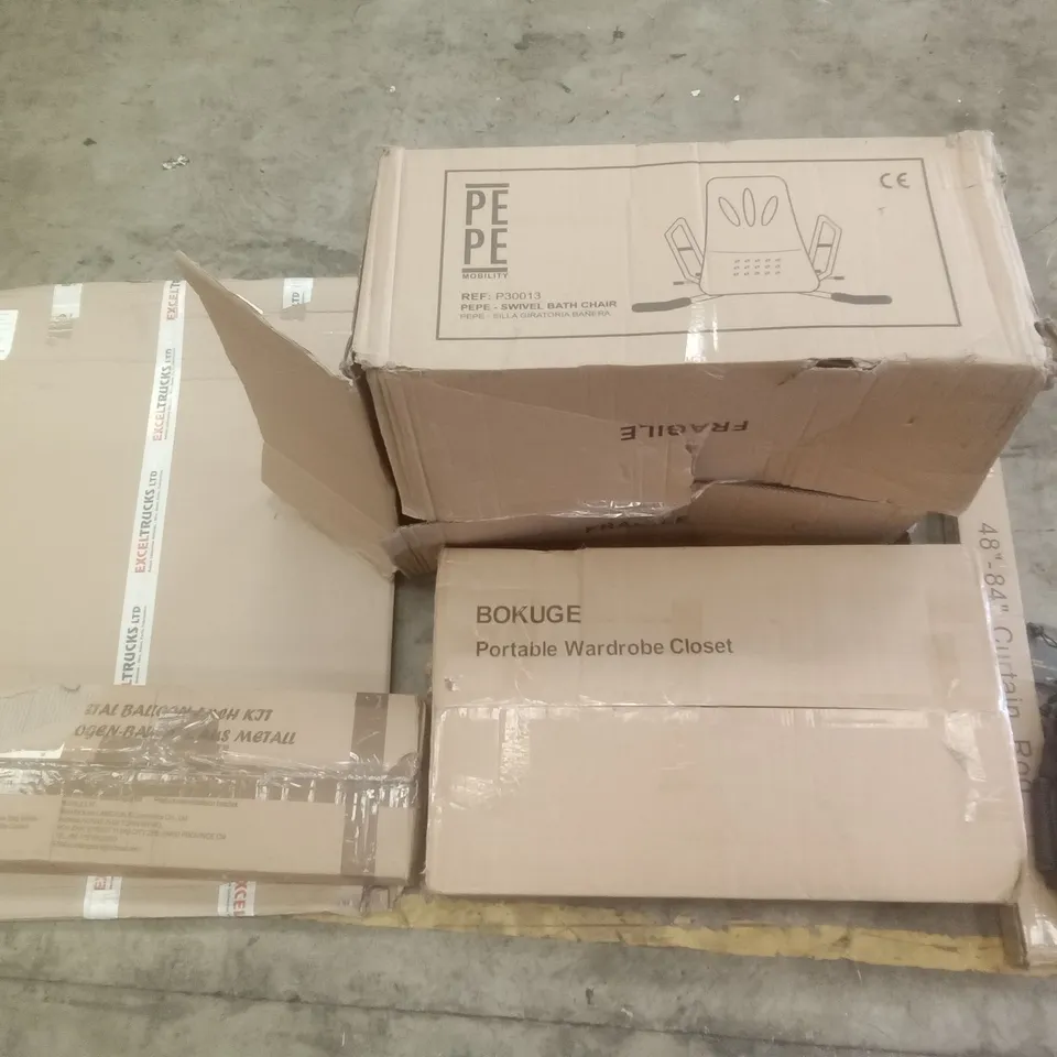 PALLET OF ASSORTED ITEMS INCLUDING PEPE SWIVEL BATH CHAIR, PORTABLE WARDROBE CLOSET, ALUMINIUM FRAME WHITEBOARD, ROUND  METAL BALLOON ARCH KIT, 8"-84" CURTAIN ROD