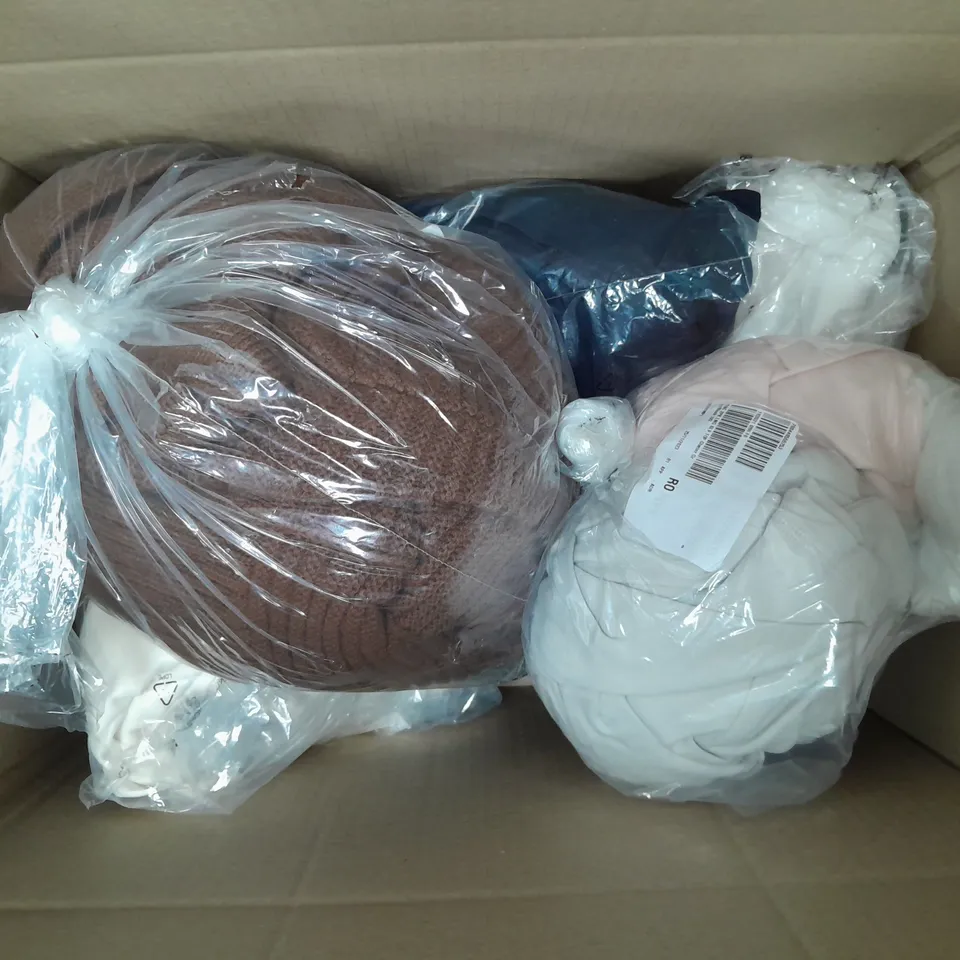 BOX OF 10 ASSORTED ITEMS OF CLOTHING TO INCLUDE:PINK JUMPSUIT, PINK FLOWERY BLOUSE AND WYNNE SHAWL