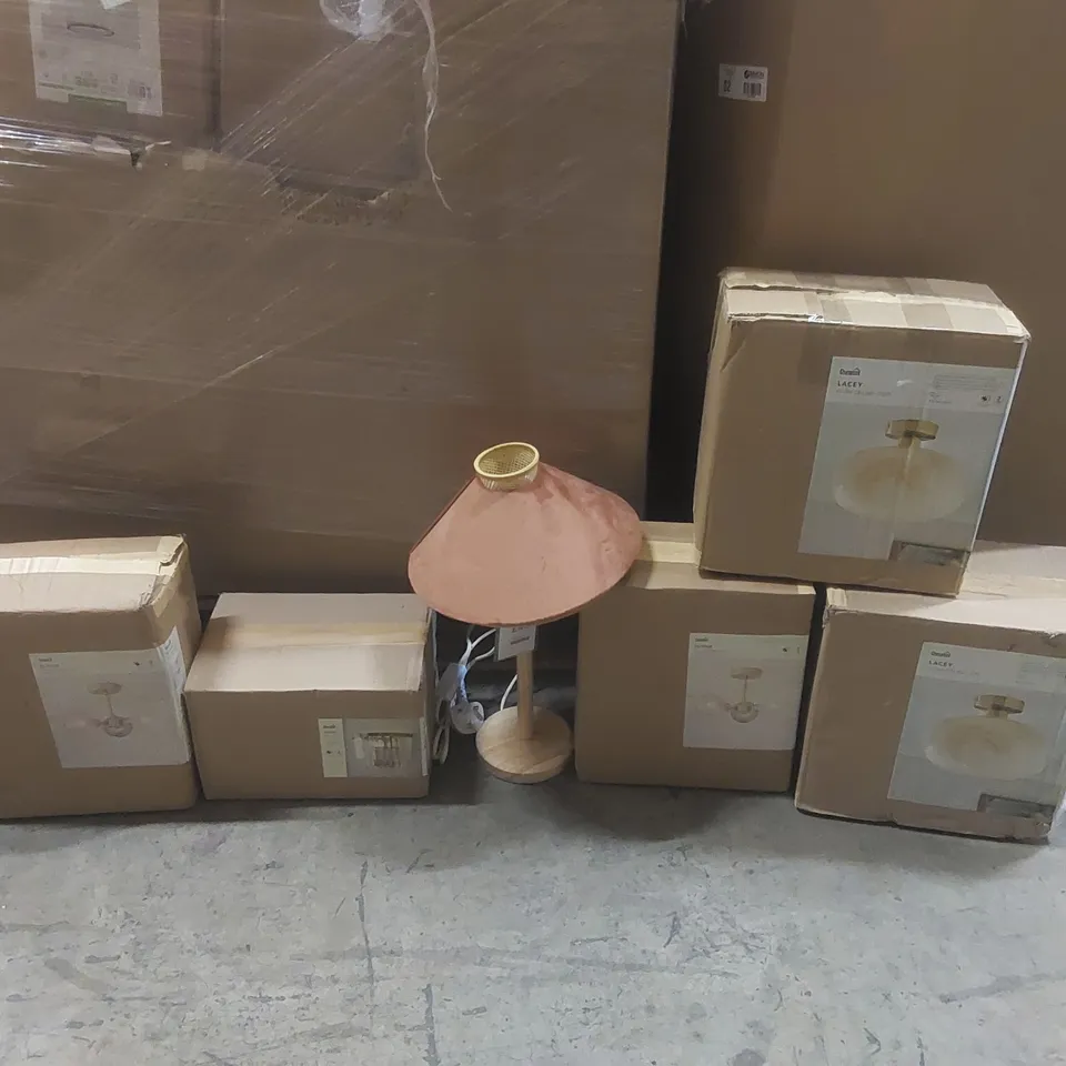 PALLET TO CONTAIN A VERY LARGE QUANTITY OF DESIGNER INDOOR LIGHTING PRODUCTS TO INCLUDE: CEILING LIGHTS, TABLE LAMP, WALL LIGHT ECT