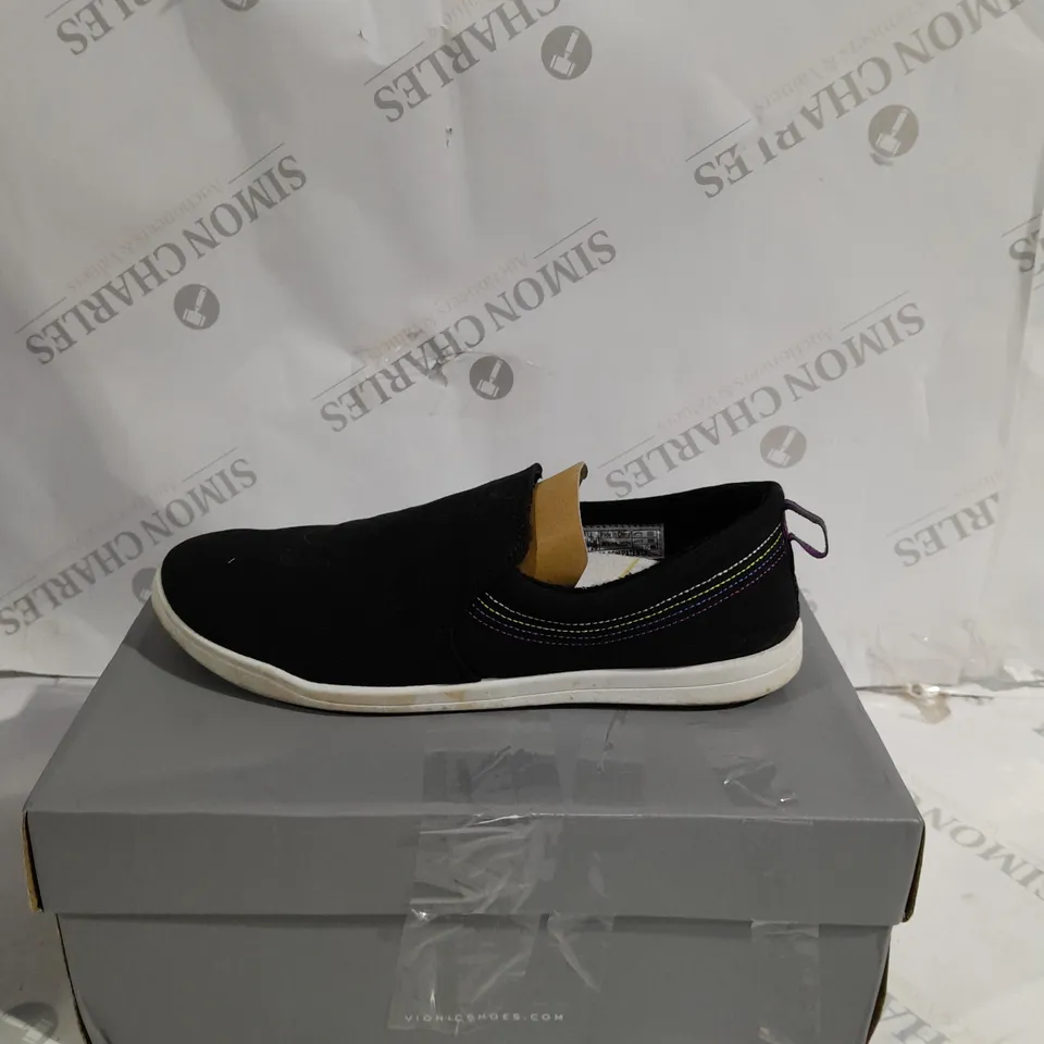 BOXED VIONIC VENICE MARSHALL CANVAS SLIP ON SHOES, BLACK - SIZE 7