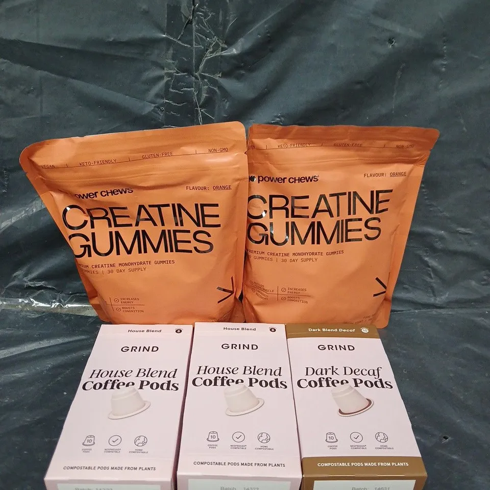 APPROXIMATELY 3 ASSORTED FOOD &DRINK ITEMS TO INCLUDE - CREATINE GUMMIES AND COFFEE PODS - COLLECTION ONLY 
