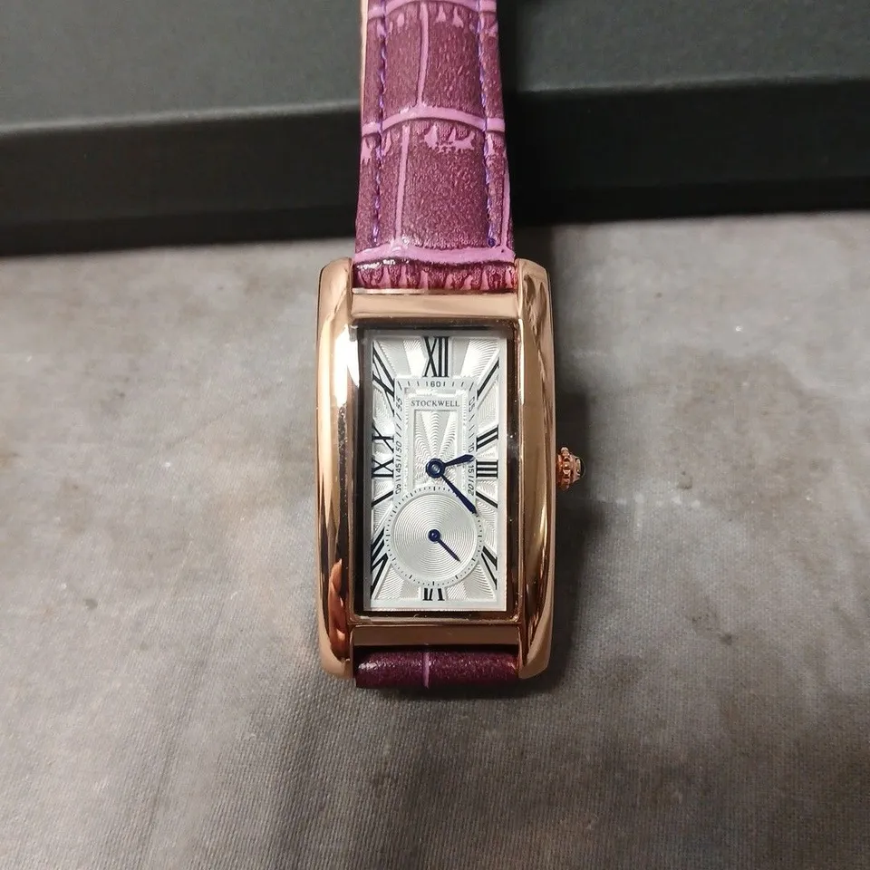 STOCKWELL RECTANGULAR WRISTWATCH – ROSE GOLD-TONE CASE WITH PURPLE CROC-EFFECT STRAP