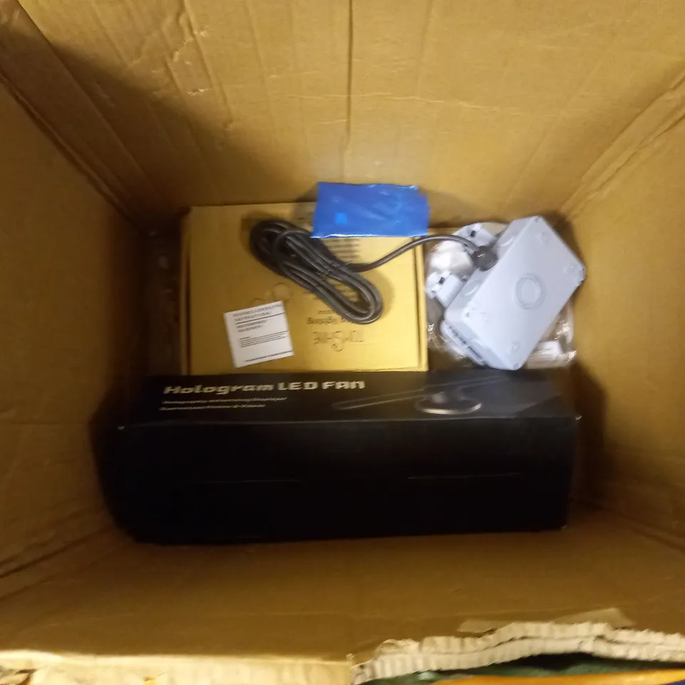 APPROXIMATELY 8 LIGHTING ITEMS TO INCLUDE LED PANEL LIGHT, TWO COLOUR LED PANEL LIGHT, HOLOGRAM LED FAN, ETC