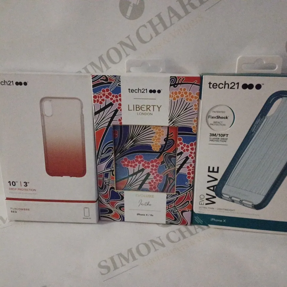 APPROXIMATELY 75 BRAND NEW TECH 21 ELECTRICAL CASES TO INCLDUE; 6 BLUE IPHONE X, 15 FLORAL IPHONE X/XS AND 54 RED IPHONE XS CASES