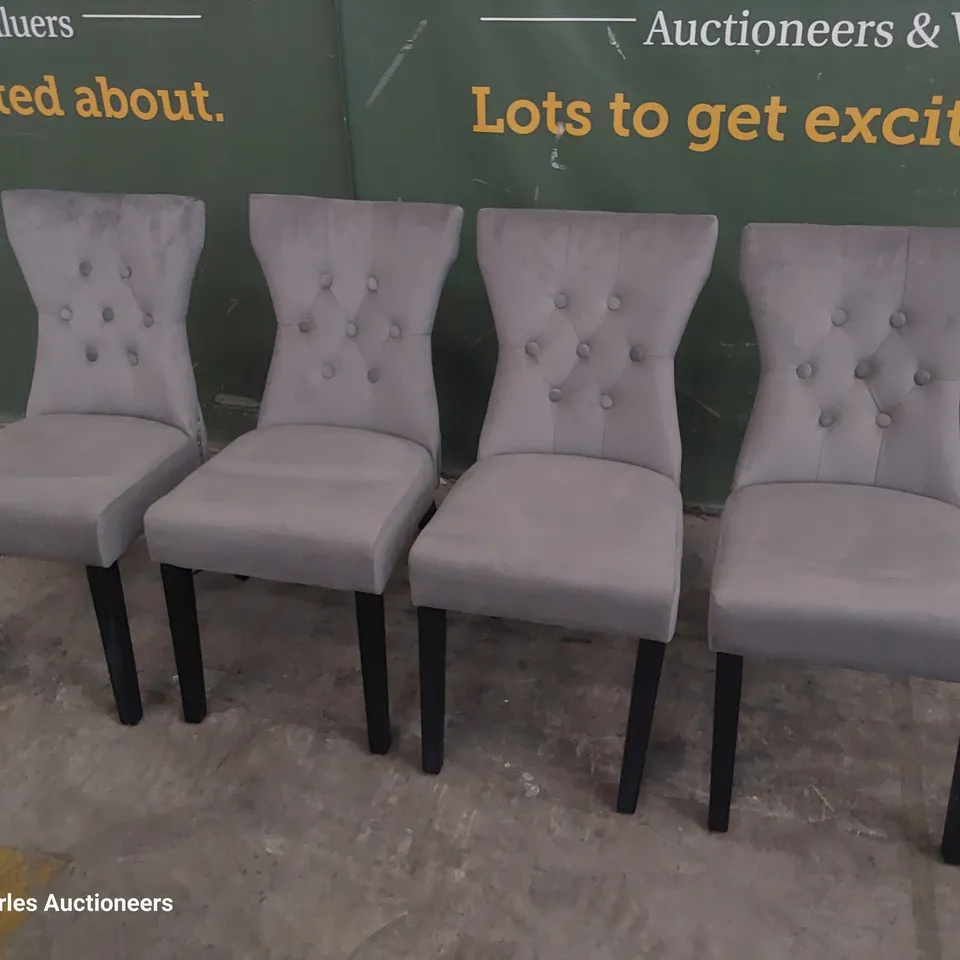 SET OF FOUR BUTTONED RING BACK UPHOLSTERED DINING CHAIRS GREY PLUSH FABRIC ON BLACK LEGS 