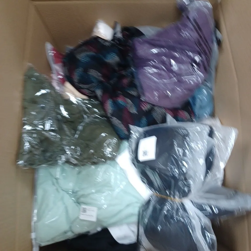 BOX OF ASSORTED CLOTHING ITEMS TO INCLUDE BRAS, SWEATERS, TOPS ETC 