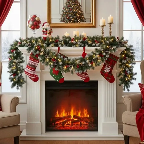 BOXED 270CM LIGHTED FAUX POINSETTIA GARLAND