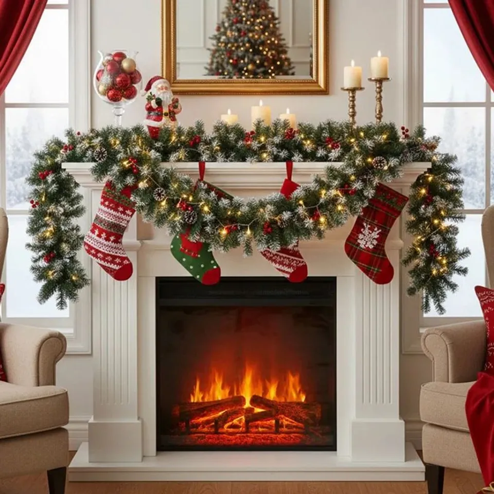 BOXED 270CM LIGHTED FAUX POINSETTIA GARLAND