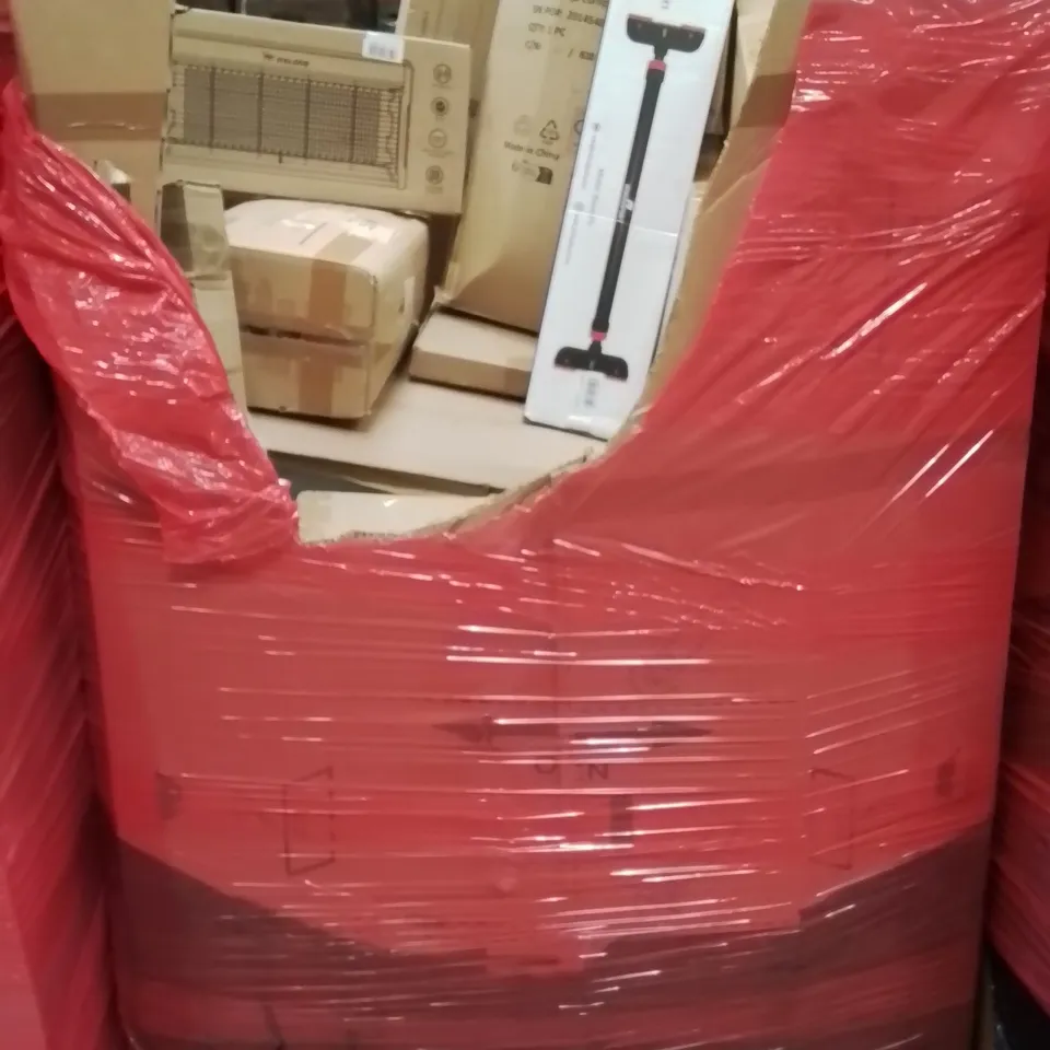 PALLET CONTAINING VARIOUS ASSORTED BOXED HOUSEHOLD ITEMS TO INCLUDE: DRY WALL SUPPORT BARS, BUG ZAPPER, LARGE THROW, RETRACTABLE SAFETY GATE AND LOTS MORE UNMARKED BOXED ITEMS 