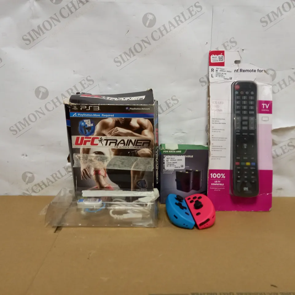 LOT OF APPROXIMATELY 5 ELECTRICALS TO INCLUDE REPLACEMENT REMOTE FOR LG TVS, 2 XBOX RECHARGABLE BATTERIES, UFC TRAINER GAME (PS3) ETC
