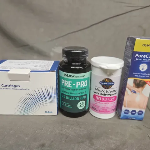 APPROX 10 ASSORTED ITEMS TO INLCUDE : DR.PEN MICRONEEDLING CARTRIDGES, MAV PRE-PRO PROBIOTIC, GARDEN OF LIFE MICROBIOME PROBIOTIC, PORECARE SKIN CARE SPRAY