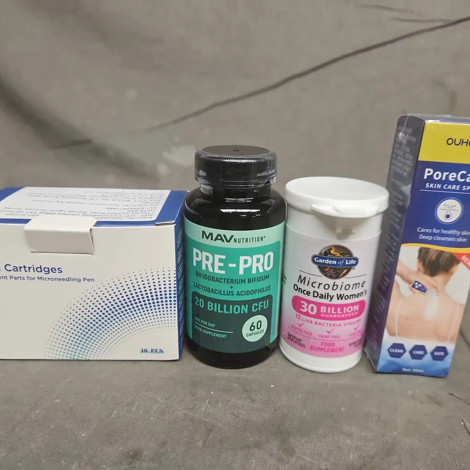 APPROX 10 ASSORTED ITEMS TO INLCUDE : DR.PEN MICRONEEDLING CARTRIDGES, MAV PRE-PRO PROBIOTIC, GARDEN OF LIFE MICROBIOME PROBIOTIC, PORECARE SKIN CARE SPRAY
