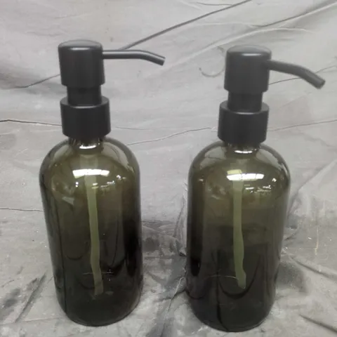 SET OF 2 AMBER GLASS PUMP BOTTLES WITH BLACK PUMPS