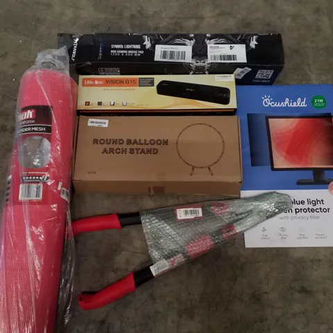 PALLET CONTAINING ASSORTED PRODUCTS INCLUDING GAMING MOUSE PAD, FIBER GLASS RENDER MESH, OFFICE LAMINATOR, ROUND BALLOON ARCH STAND & ANTI BLUE LIGHT SCREEN PROTECTOR 