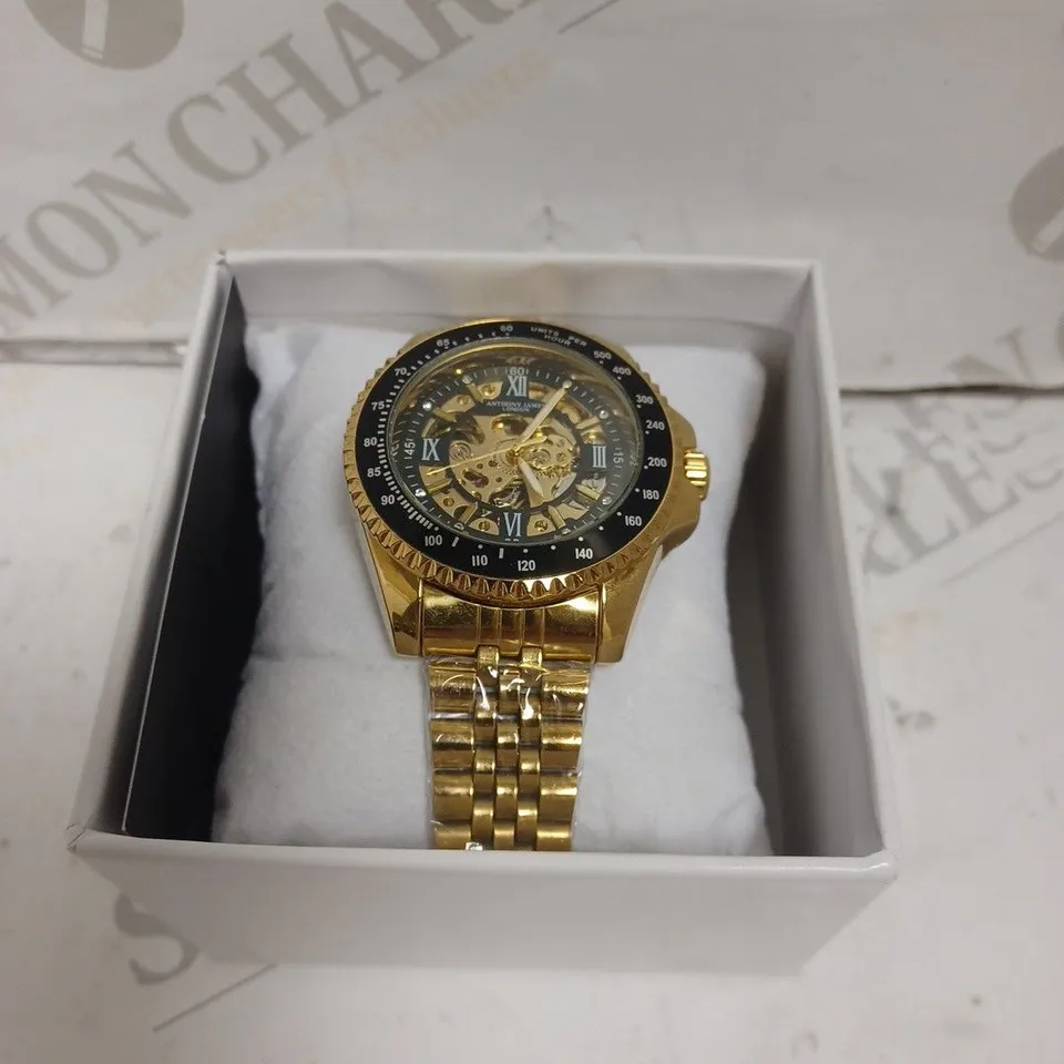 BOXED ANTHONY JAMES TACHYMETER AUTOMATIC SPORTS WATCH - STAINLESS STEEL - WATER RESISTANT. 