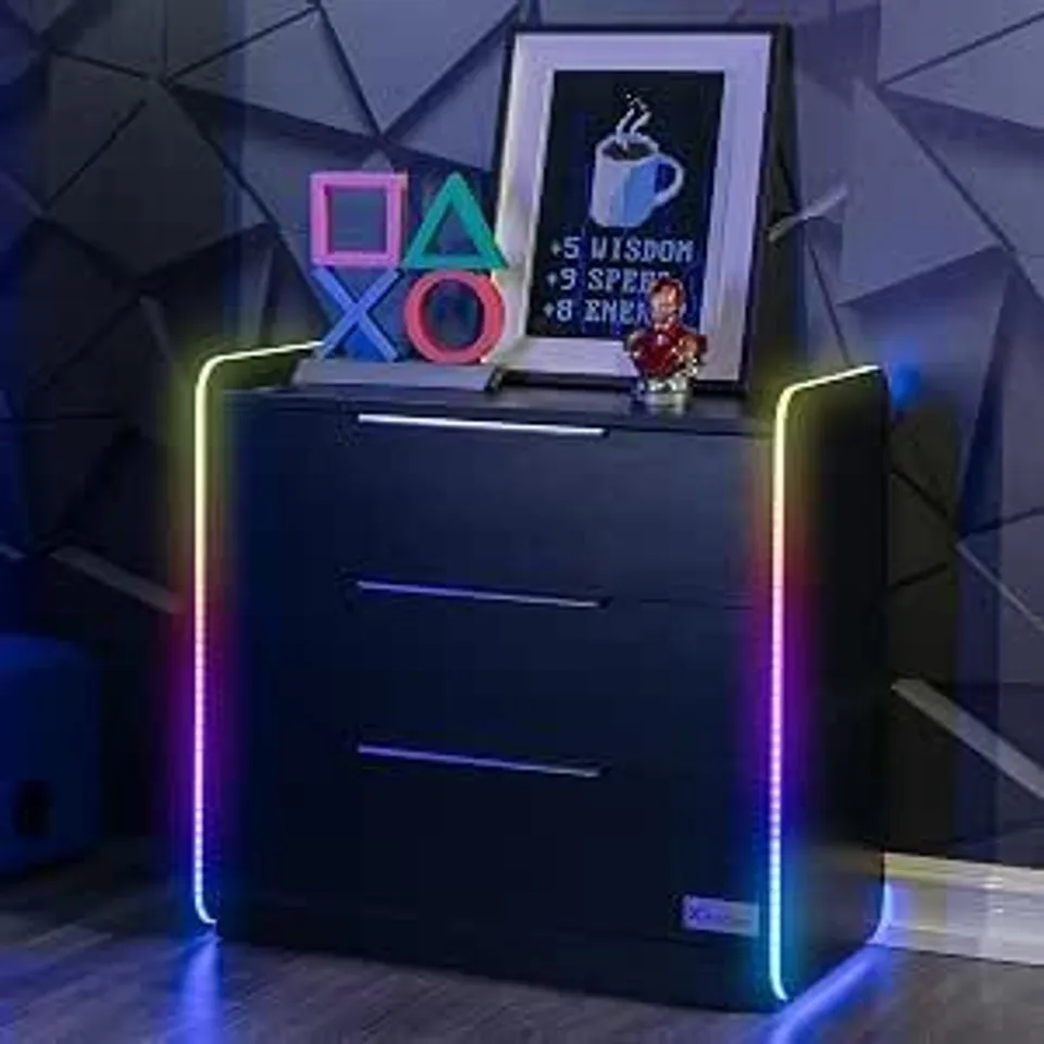 BOXED ROCKER ELECTRA 85CM X 43CM, RGB LED CHEST OF DRAWERS - NEO MOTION™ SYNC APP CONTROLLED LED LIGHTS, 3 DRAWER, FREE STANDING, DURABLE WOODEN FRAME FOR KIDS & TEENS - BLACK (2 BOXES)