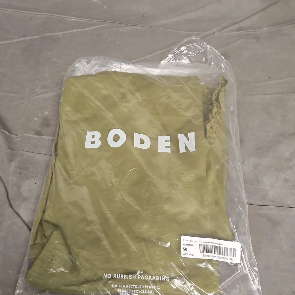 BODEN ARIA BRODERIE TRIM MIDI DRESS – GREEN, UK 10P 