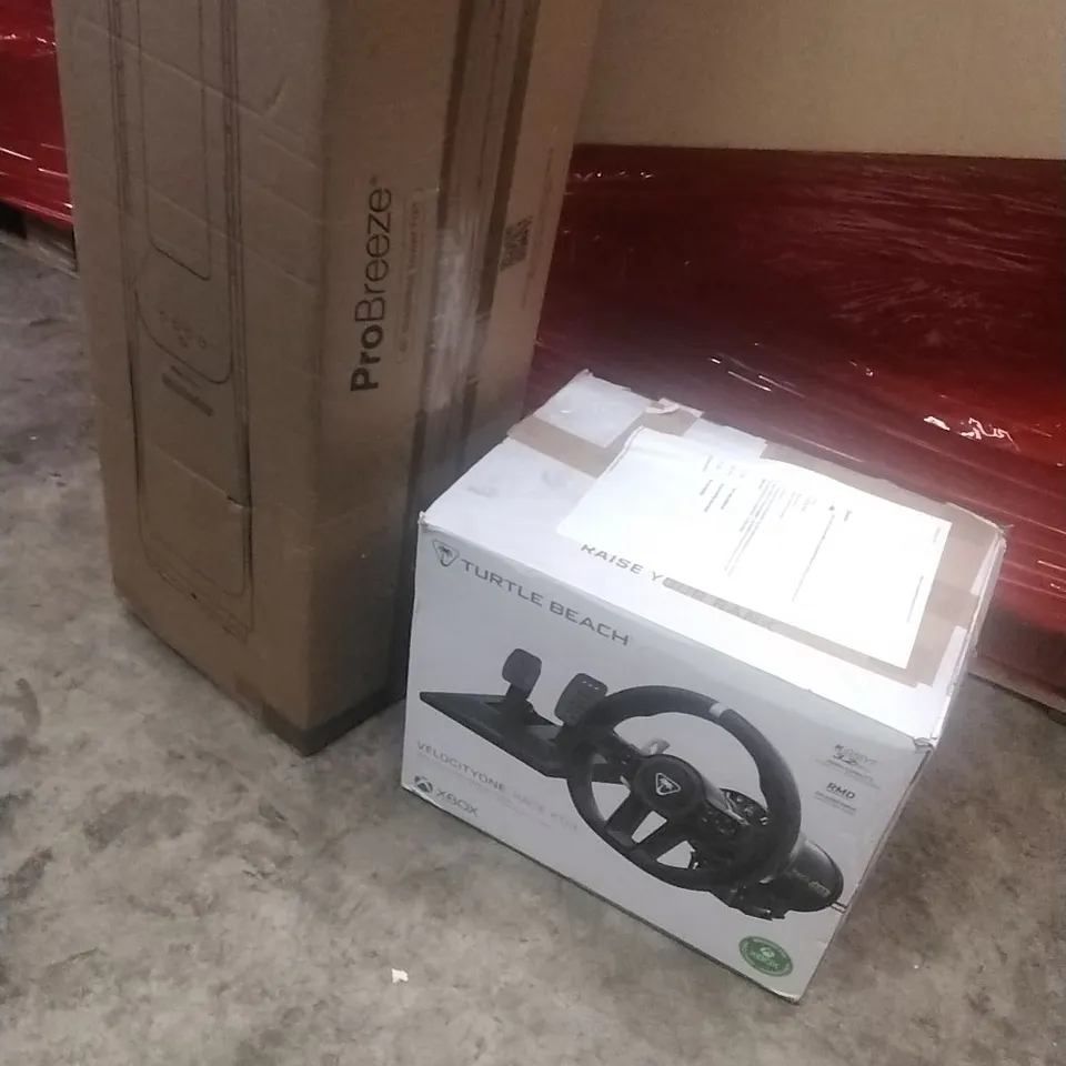 PALLET OF ASSORTED HOUSEHOLD GOODS AND PRODUCTS TO INCLUDE; TURTLE BEACH RACE KD3, PROBREEZE, BOXED FURNITURE ETC