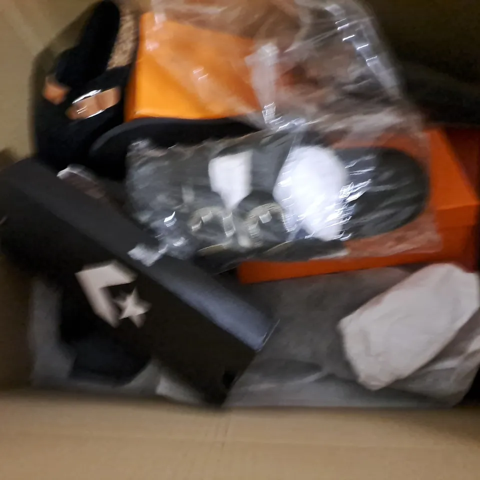 BOX OF APPROXIMATELY 6 PAIRS OF ASSORTED SHOES IN VARIOUS COLOUR, STYLES AND SIZES