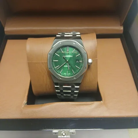 AUDEMARS PIGUET ROYAL OAK-INSPIRED STAINLESS STEEL WATCH, GREEN DIAL – BOXED