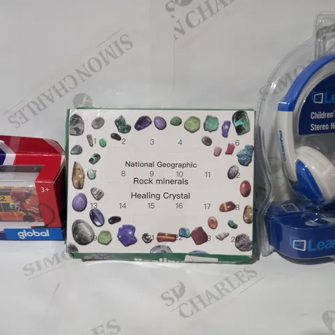 BOX OF APPROXIMATELY 10 ASSORTED TOYS AND GAMES TO INCLUDE LEARN PAD PULSE CHILDREN'S STEREO HEADPHONES, NATIONAL GRAPHIC ROCK MINERALS HEALING CRYSTALS, CORGI BEST OF BRITISH DIE-CAST LONDON BUS, ETC