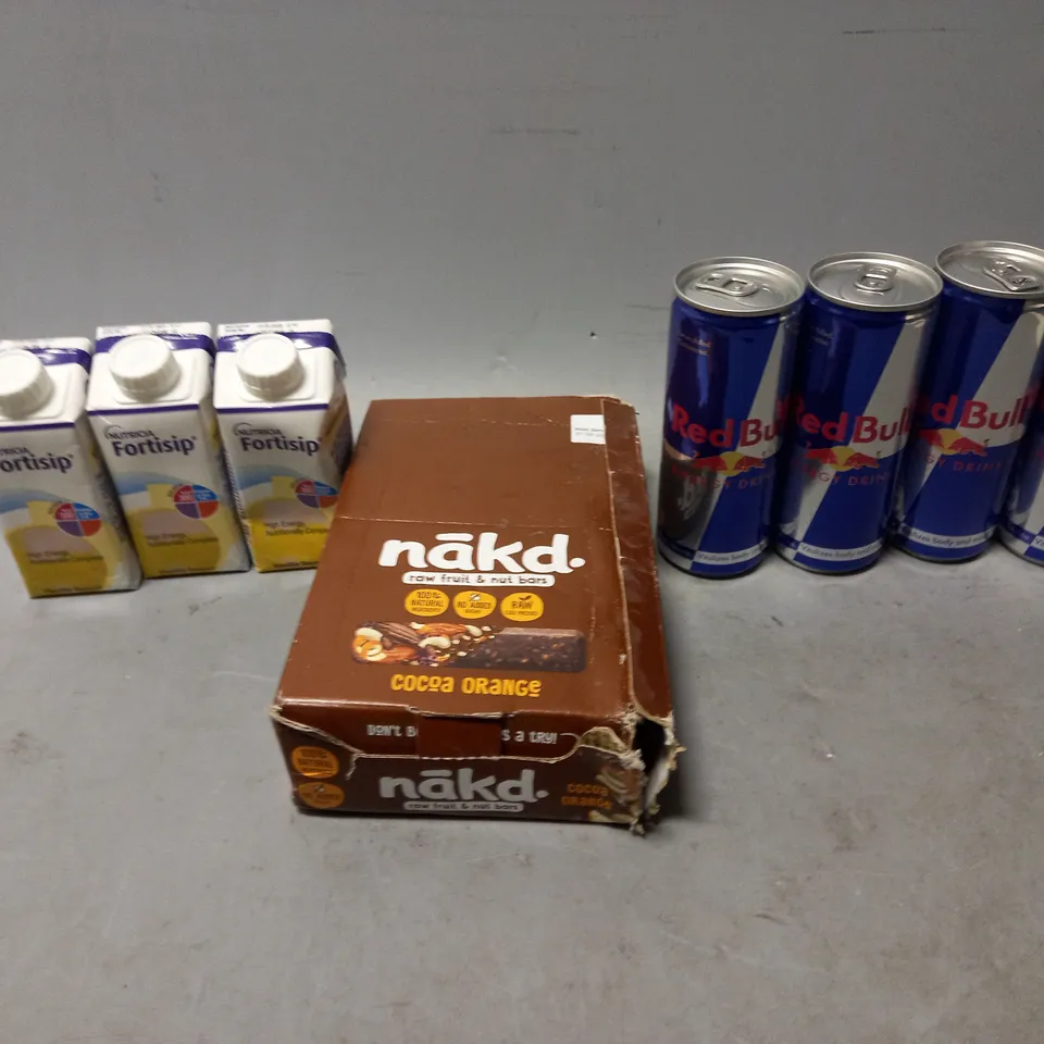 LOT OF APPROXMATELY 8 ITEMS TO INCLUDE  - REDBULLS, FORTISIP, AND NAKD COCOA ORANGE ETC. 