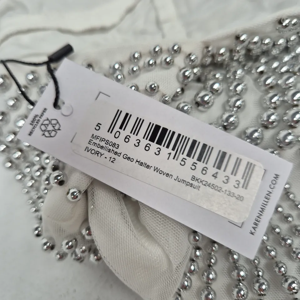 KAREN MILLEN EMBELLISHED GEO HALTER WOVEN JUMPSUIT – IVORY, UK 12