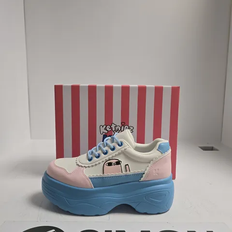 KOI PLATFORM SNEAKERS – PASTEL PINK, WHITE & BLUE WITH CHUNKY BLUE SOLE US SIZE 8