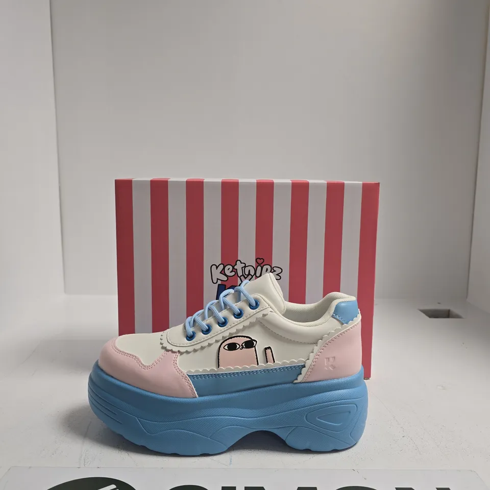 KOI PLATFORM SNEAKERS – PASTEL PINK, WHITE & BLUE WITH CHUNKY BLUE SOLE US SIZE 7