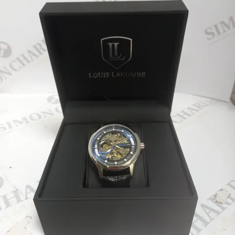 MENS LOUIS LACOMBE AUTOMATIC WATCH – SKELETON DIAL – GLASS EXHIBITION BACK CASE – LEATHER STRAP