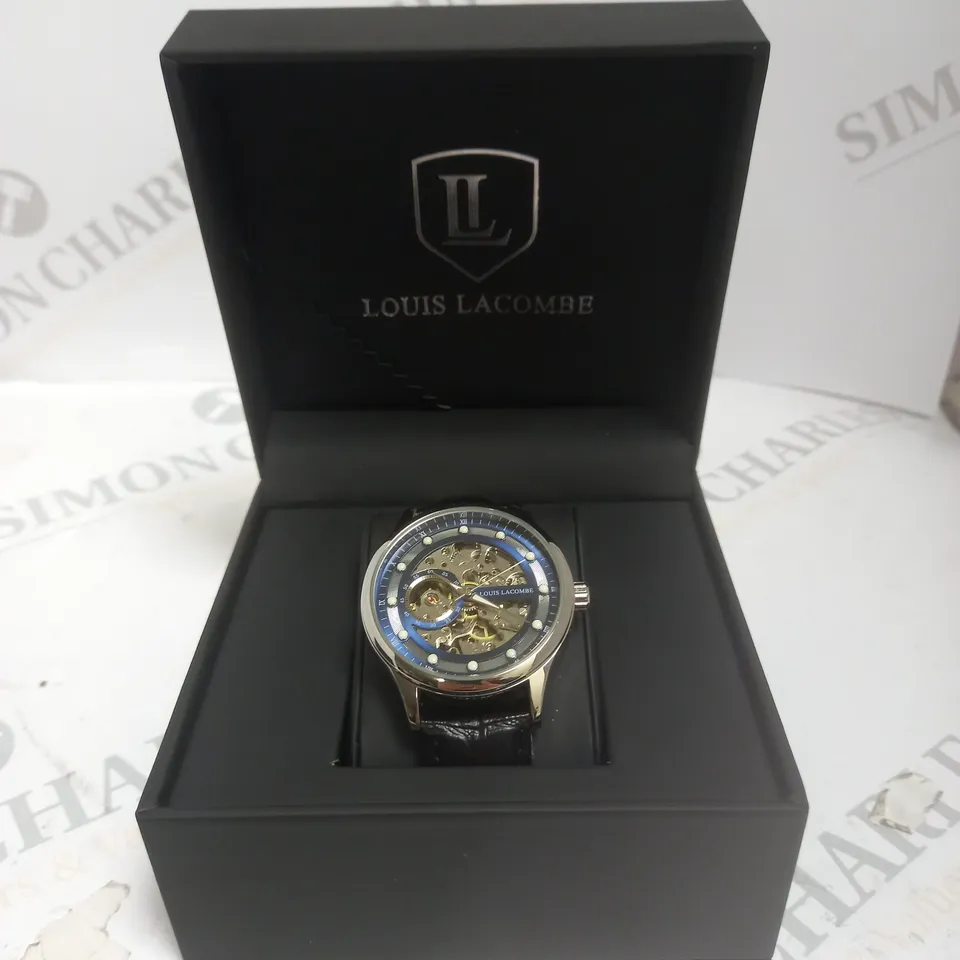 MENS LOUIS LACOMBE AUTOMATIC WATCH – SKELETON DIAL – GLASS EXHIBITION BACK CASE – LEATHER STRAP 