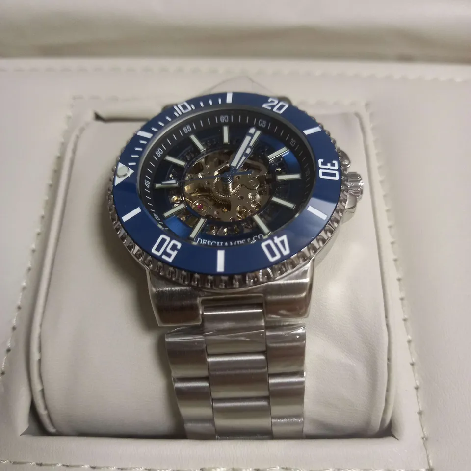 BOXED DECHAMPS&CO MECHANICAL WATCH IN BLUE/SILVER