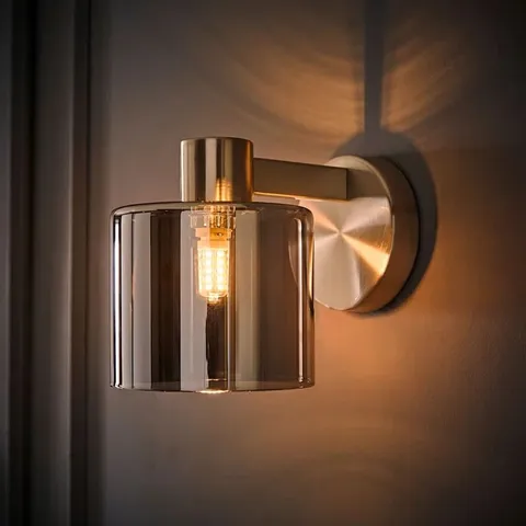 ALFIERE PAIR OF BRUSHED CHROME AND SMOKED GLASS WALL LIGHTS AND BULBS SIZE: 11CM H X 13CM W X 17CM D NUMBER OF LIGHTS: 2 FIXTURE FINISH: MATTE BLACK