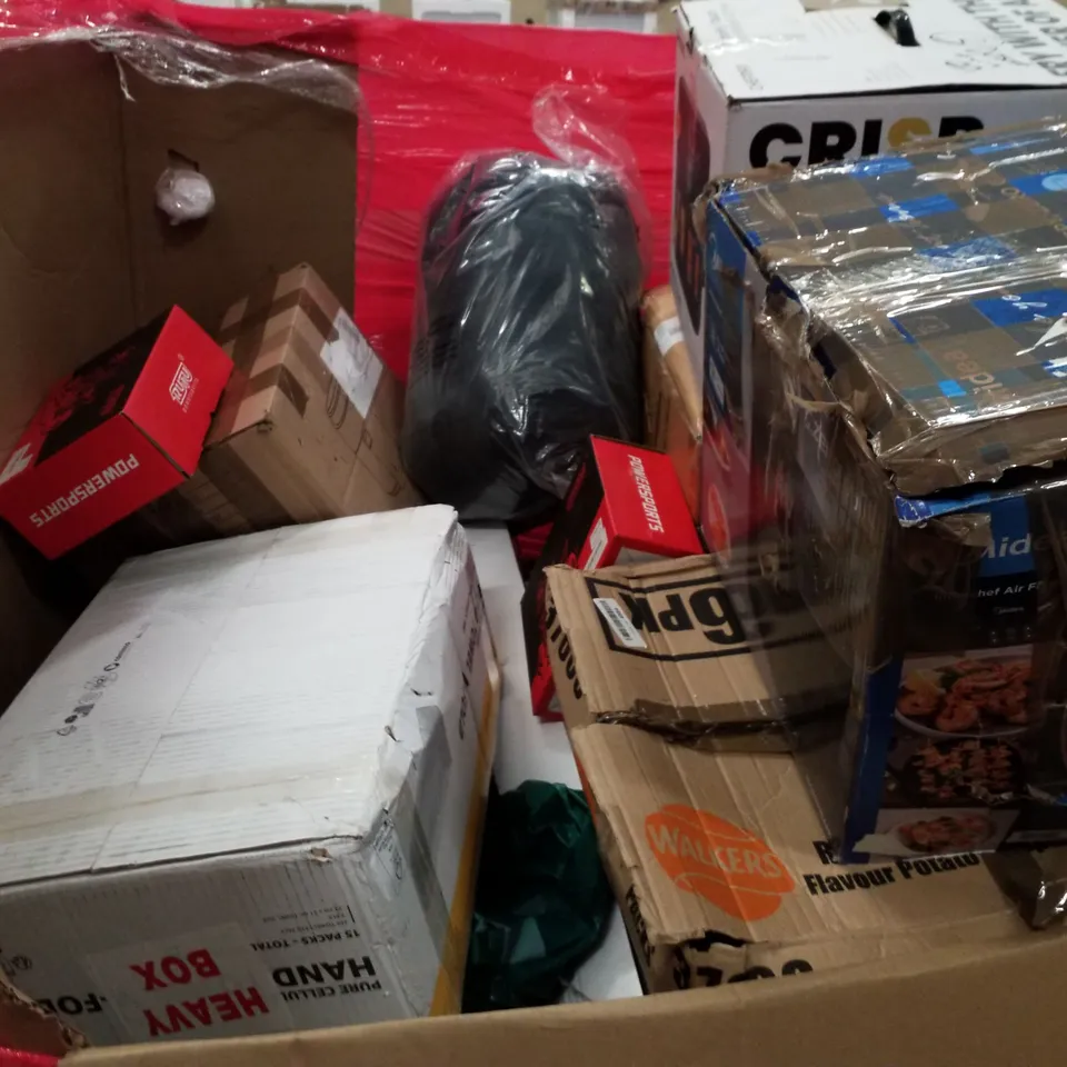 PALLET OF ASSORTED PRODUCTS INCLUDING RETRACTABLE SAFETY GATE, MOBILE TV STAND, 5-IN-1 AIR FRYER OVEN, REAR FOOTBRAKE, FOLDABLE DRYING RACK 