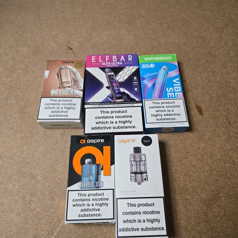 APPROXIMATELY 15 ASSORTED E-CIGARETTE PRODUCTS TO INCLUDE - ELFBAR, ASPIRE, VAPORESSO ETC 
