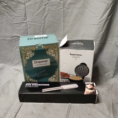 BOX OF APPROXIMATELY 12 ASSORTED HOUSEHOLD ITEMS TO INCLUDE MINI WAFFLE MAKER, CANDLE WARMER LAMP, HAIR STRAIGHTENER ETC