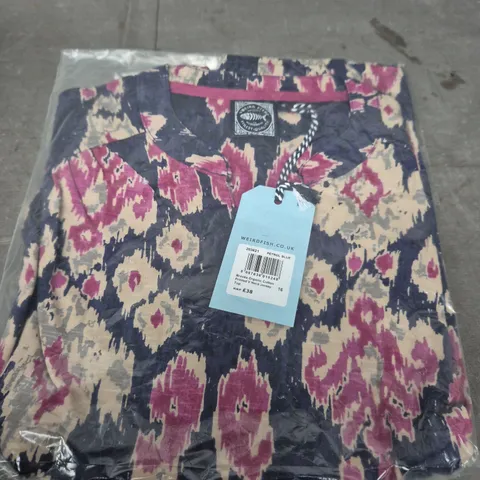 WEIRD FISH BROOKE ORGANIC COTTON PRINTED V‑NECK JERSEY TOP – UK 16, PETROL BLUE