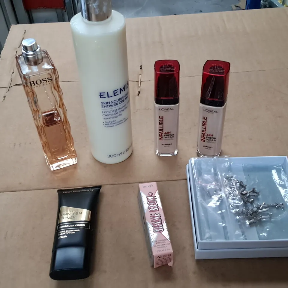 7 ASSORTED ITEMS TO INCLUDE: ELEMIS SHOWER CREAM, MAX FACTOR PRIMER, BOSS FRAGRANCE ETC