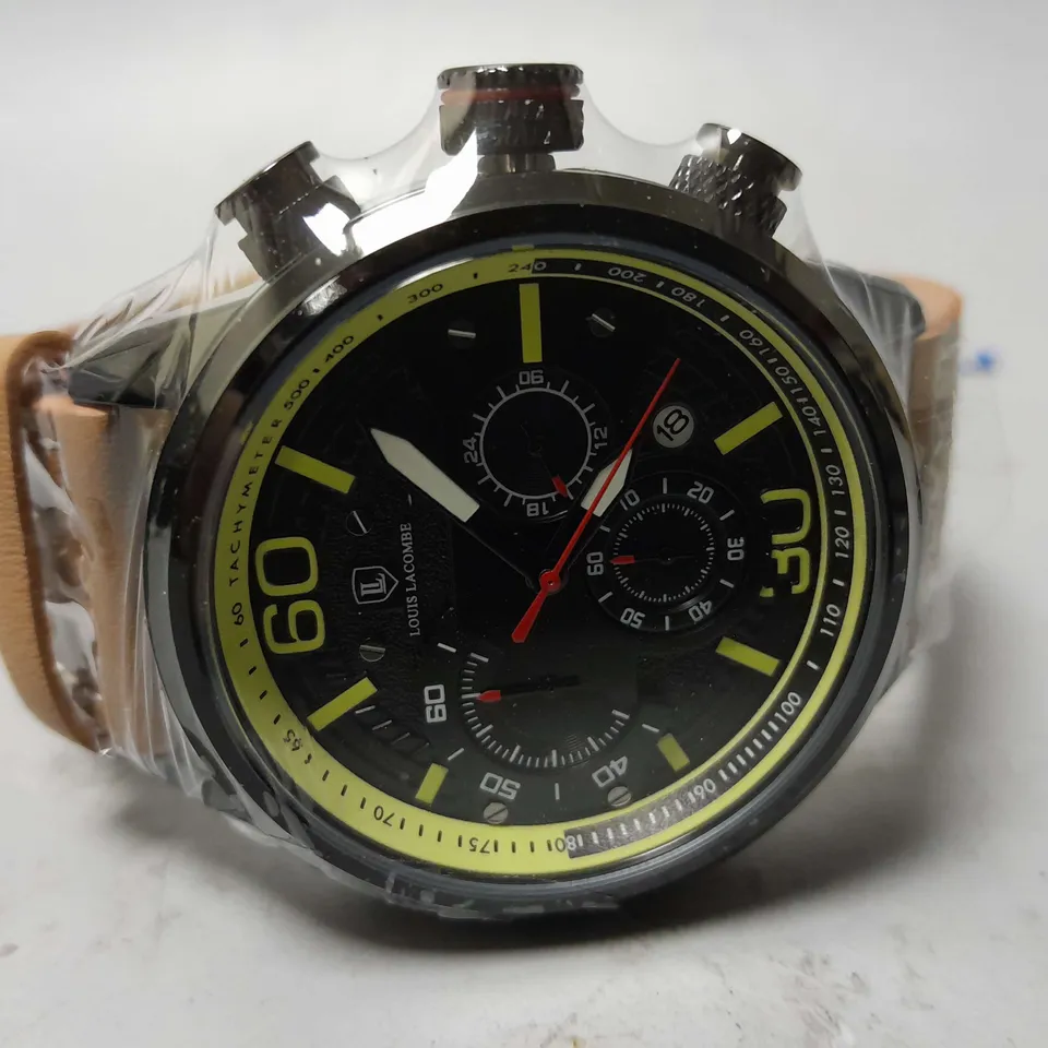 MENS LOUIS LACOMBE CHRONGRAPH WATCH – 3 SUB DIALS – BLACK CASE – LEATHER STRAP