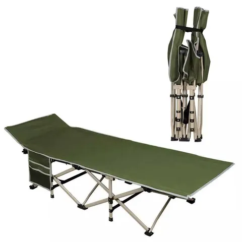 BOXED YAHEETECH OUTDOOR FOLDING PORTABLE CAMPING BED COT WITH CARRY BAG AND STORAGE POCKETS ARMY GREEN