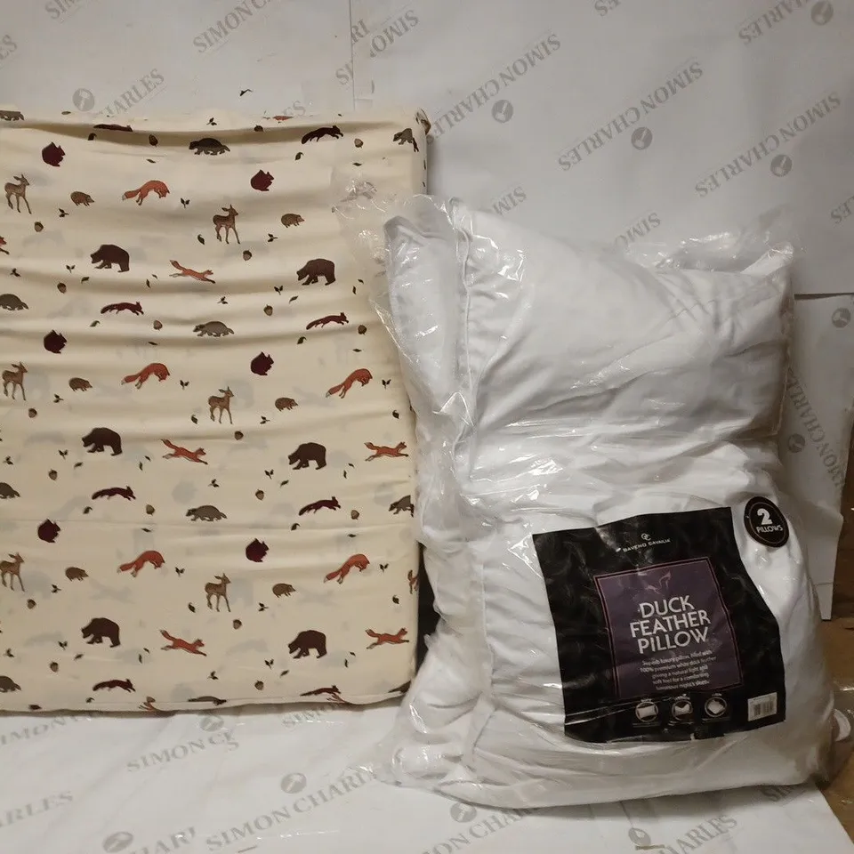 LOT OF 1 COT FLOOR AND 2 DUCK FEATHER PILLOWS