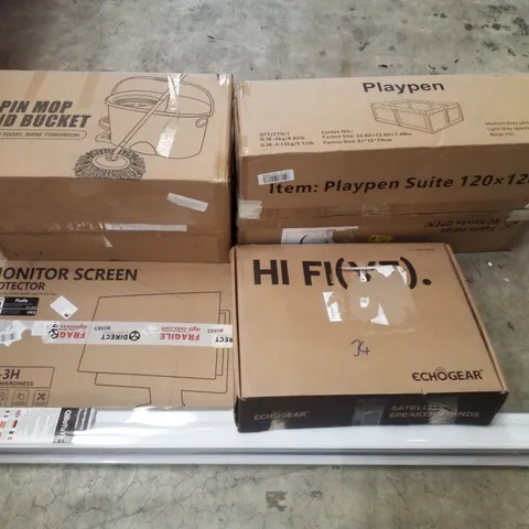 PALLET CONTAINING ASSORTED PRODUCTS INCLUDING SATELLITE SPEAKER STANDS, MONITOR SCREEN PROTECTOR, SPIN MOP, PLAYPEN & ROLLER BLIND