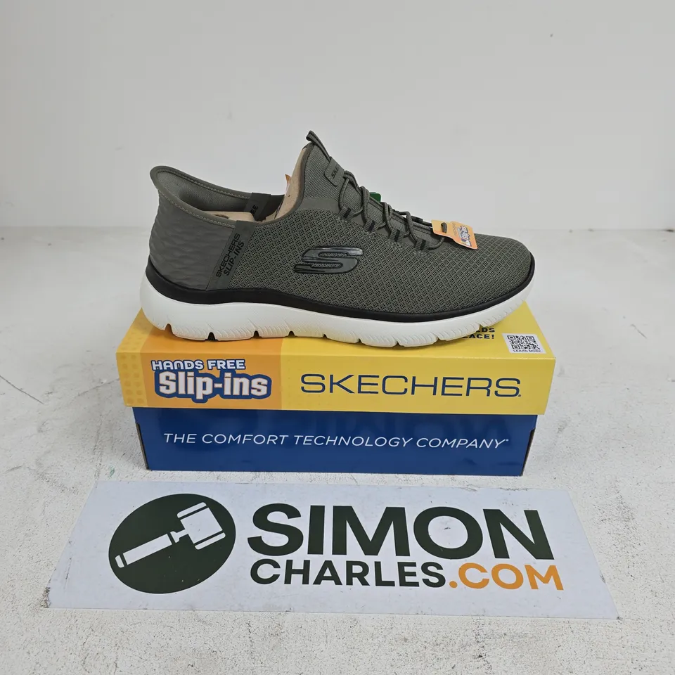 BOXED PAIR OF SKECHERS SUMMITS HIGH RANGE TRAINERS IN OLIVE -- 9.5