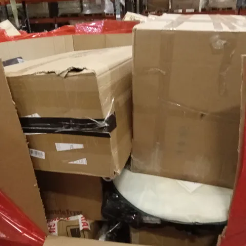 PALLET OF ASSORTED HOUSEHOLD GOODS AND PRODUCTS TO INCLUDE; ELECTRIC FRYER, TELESCOPIC LADDER, BOXED FURNITURE ETC