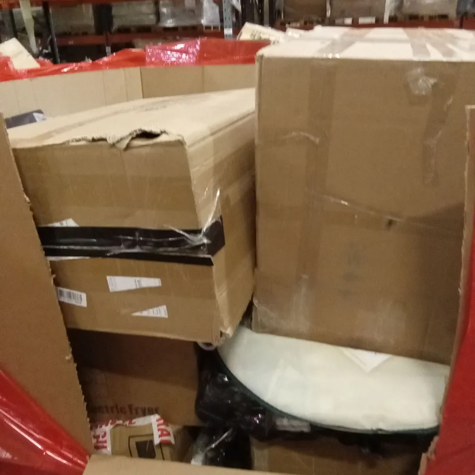 PALLET OF ASSORTED HOUSEHOLD GOODS AND PRODUCTS TO INCLUDE; ELECTRIC FRYER, TELESCOPIC LADDER, BOXED FURNITURE ETC