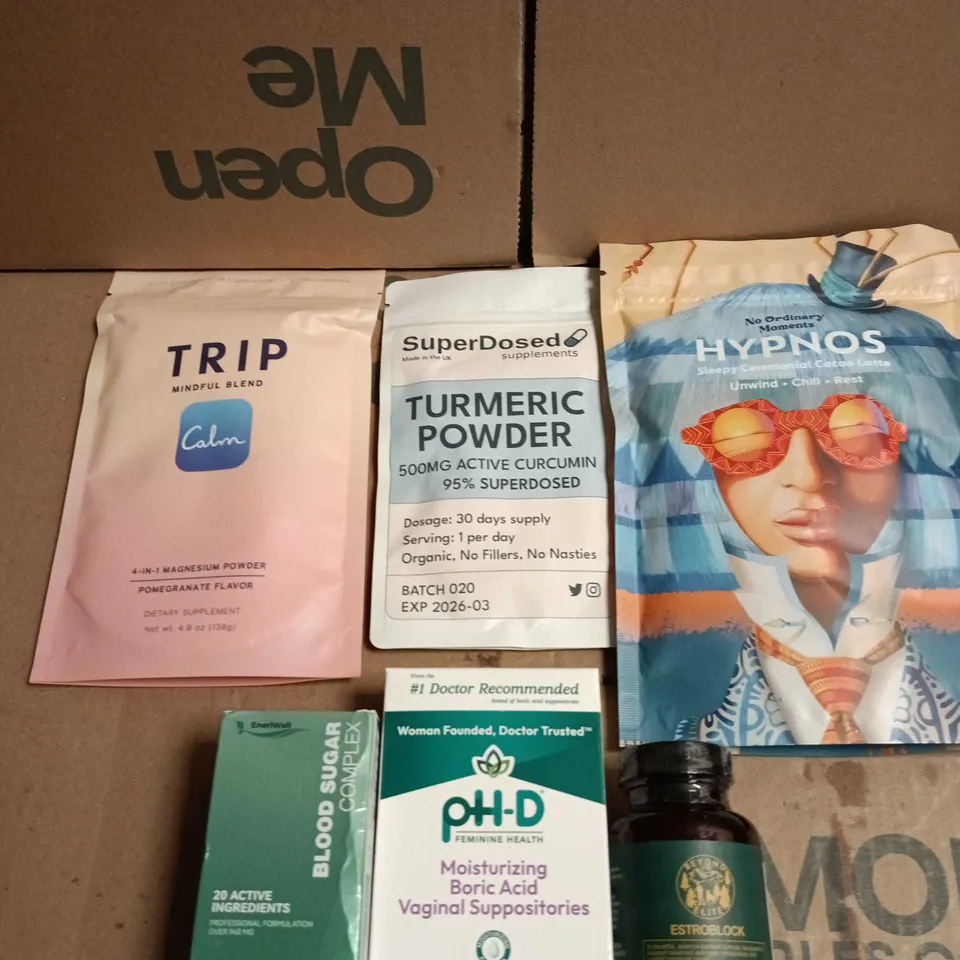 APPROXIAMTELY 10 ASSORTED HEALTH PRODUCTS TO INCLUDE TURMERIC POWDER, TRIP, BLOOD SUGAR COMPLEX ETC 